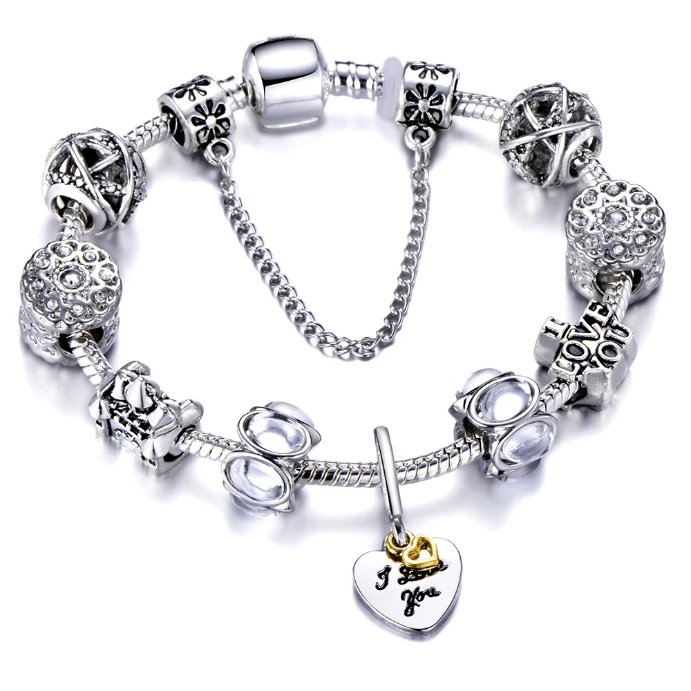 

Romantic White Beads Charm Bracelet For Women Femme Love Heart Fine Bracelet&Bangle Silver Chain Statement Jewelry
