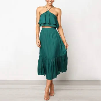 

Women's Sling Wrapped Chest Backless Halter Vest + Skirt 2 Piece Sets Hipster Sleeveless Wrapped Chest Chiffon Shirt and Skirt