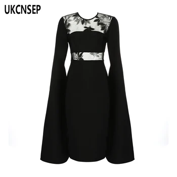 

2020 New Women Sexy Cocktail Party Dress Cloak Long Sleeve Floral Embroidery Bodycon Winter Dress Elegant Bandage Dress Vestidos