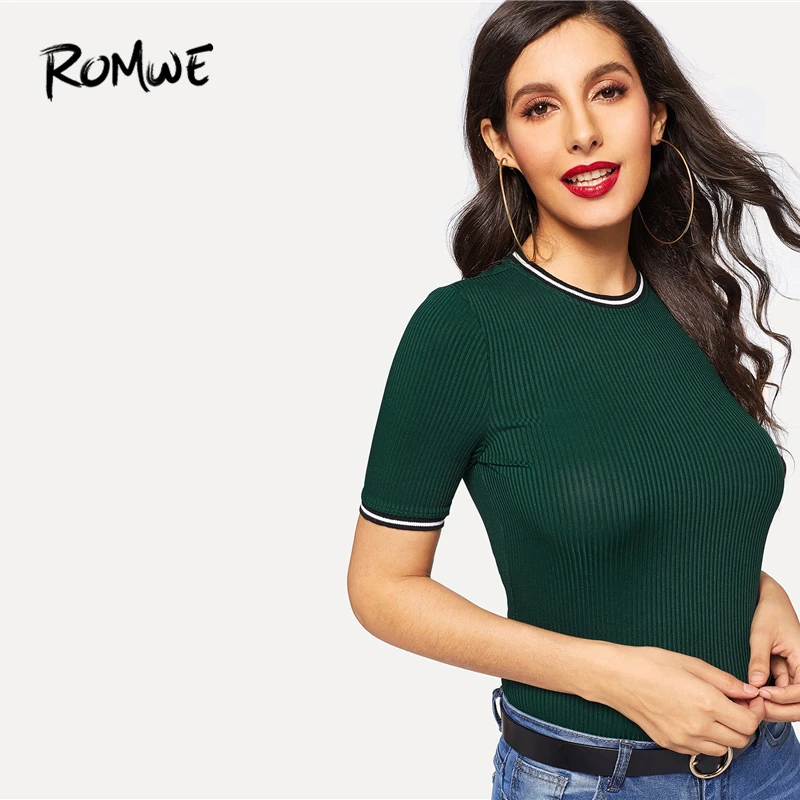 ROMWE ребристая трикотажная полосатая футболка зеленая Гламурная футболка с круглым вырезом Женская Стильная летняя футболка с коротким рукавом облегающая футболка