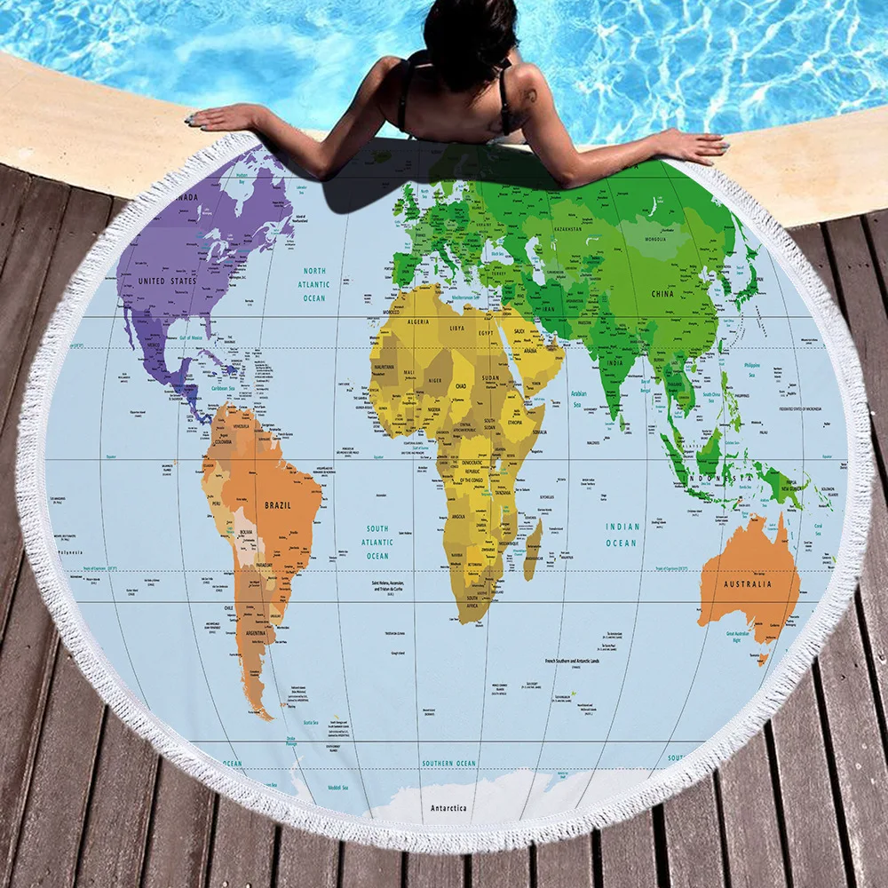 

World Map Printed 150cm Tassel Giant Beach Blanket Picnic Camping Mat Round Sandbeach Towel Pad Shawl Mattress