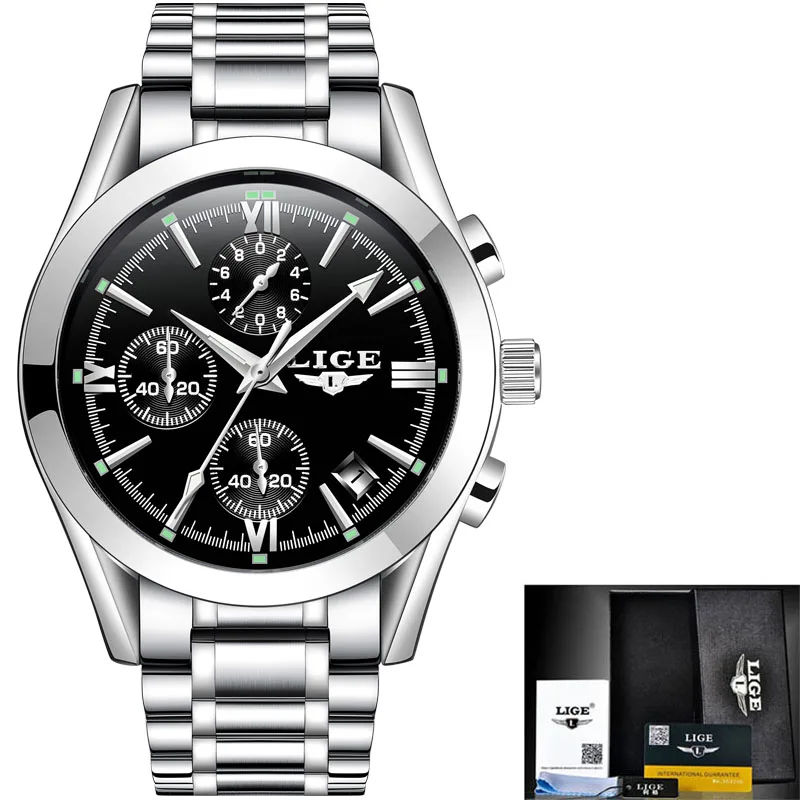 LIGE мужские Топ люксовый бренд военные спортивные часы мужские кварцевые часы мужские полностью стальные повседневные Бизнес золотые часы Relogio Masculino - Цвет: silver black