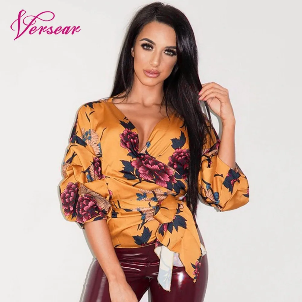 Versear женские блузы и Топы Цветочный атласный рубашки 2019 сексуальные комбинезон для новорожденных с длинными рукавами нерегулярные запахом