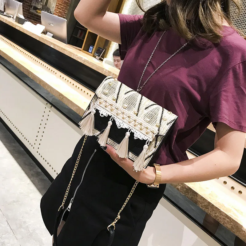 Women Fashion Pearl Straw Bags Bohemian Female Summer Tassel Handbag Lady Travel Knit Shoulder Bag Beach Chains Crossbody SS3282 (11)