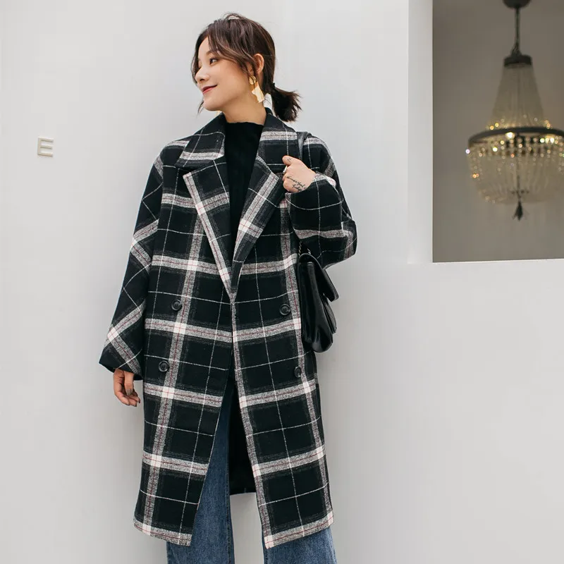 Cheerart Winter Long Wool Coat Women Plaid Coat Plus Size Tweed Big Lapel Coat Vintage Knee Length Woolen Outerwear Coat