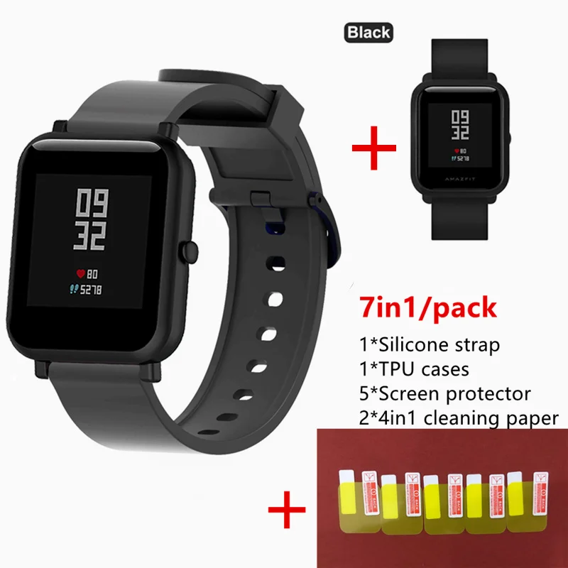 7в1 для Xiaomi Huami Amazfit Bip светильник и тонкий ТПУ ремешок на запястье PC Watch мягкий чехол для экрана с защитной пленкой - Цвет: Black 1