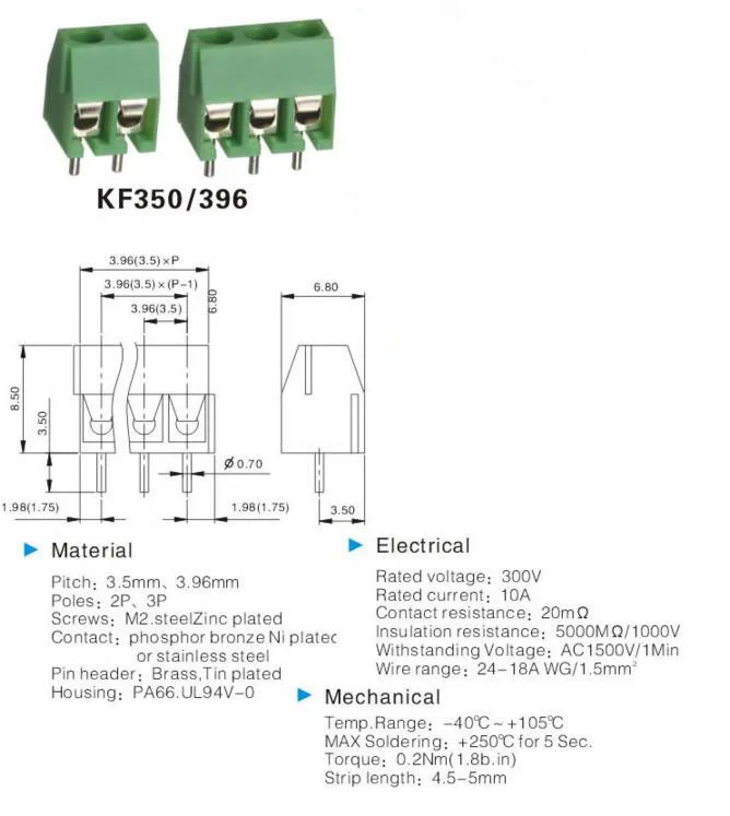 10 шт. KF350-2P 3P зеленый контактный винт Клеммная колодка Разъем KF350 3,5 мм Шаг amphenol разъем 250 В/10A