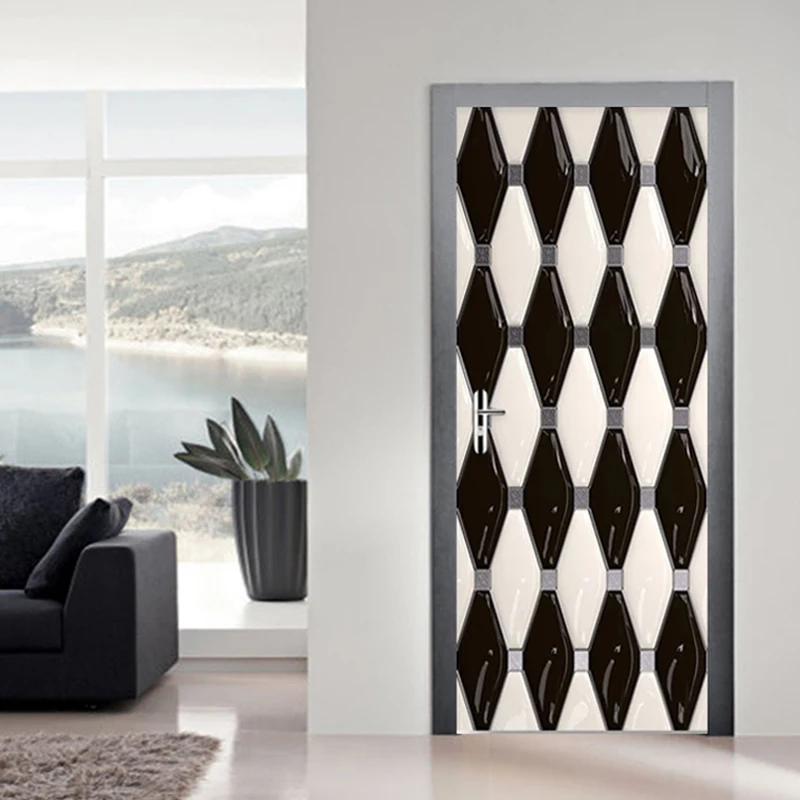 

Self-Adhesive Door Sticker 3D Black And White Geometry Wallpaper Modern Fashion Art Home Decor Wall Sticker Living Room Murals