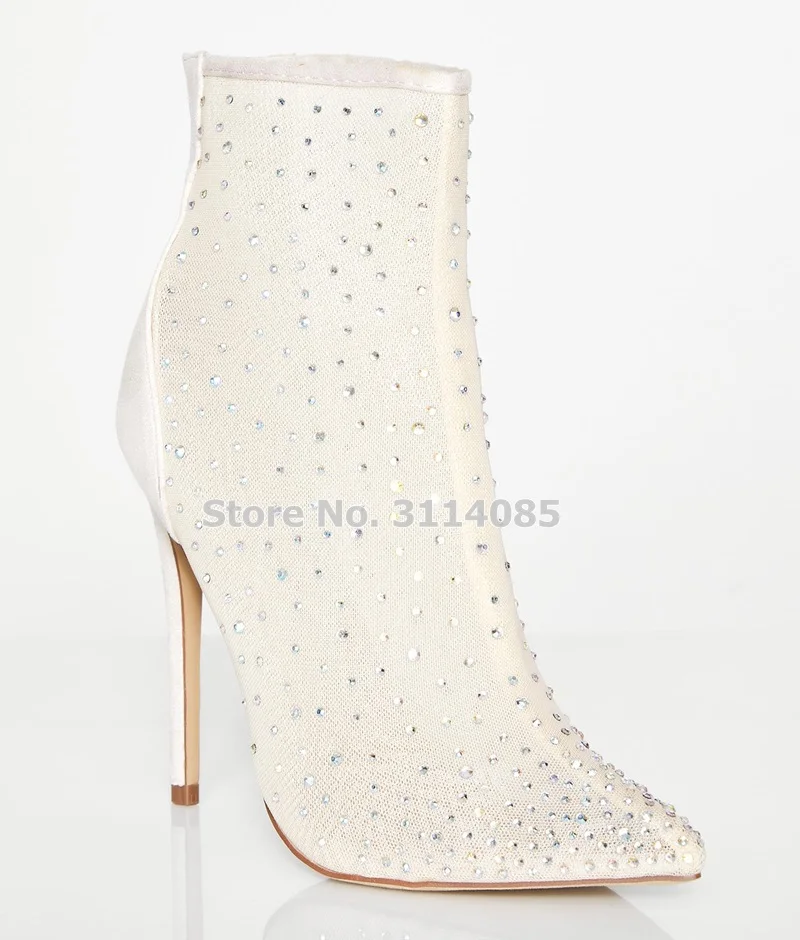 

Women Gorgeous Stiletto Heels Silver Crystal Pointed Toe Boots Thin High Heels Mesh Bling Bling Rhinestone Ankle Booties Pumps