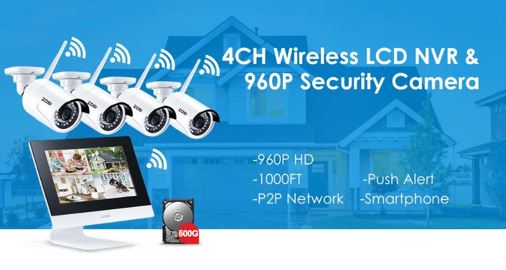 ZOSI 1" lcd 4CH Беспроводной NVR комплект безопасности CCTV камера система 960P HD уличная Wifi IP камера видеонаблюдения 500GB HDD