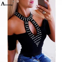 Aimsnug Elegant Pearl Beading Basic Tops Women Short Sleeve Patchwork Female Cold Shoulder Stylish Shirt Casual Loose Tee Shirt pearl beading kimono sleeve crushed velvet tee