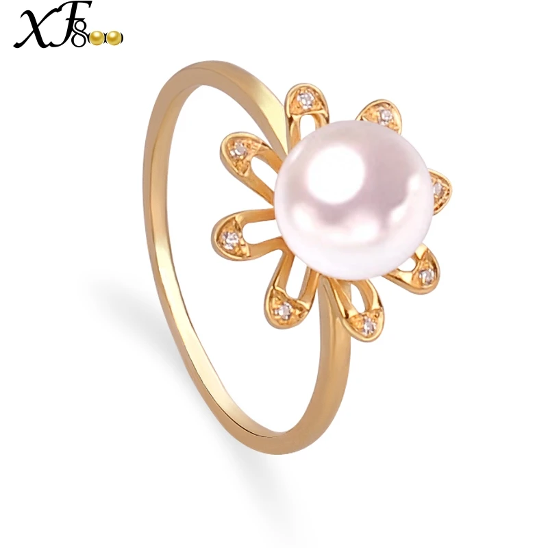 

XF800 18K Yellow Gold Rings Fine Jewelry Natural AKOYA Sea Pearl Brand Ring Real AU750 Engagement Gift 6-7MM Round Flower J108