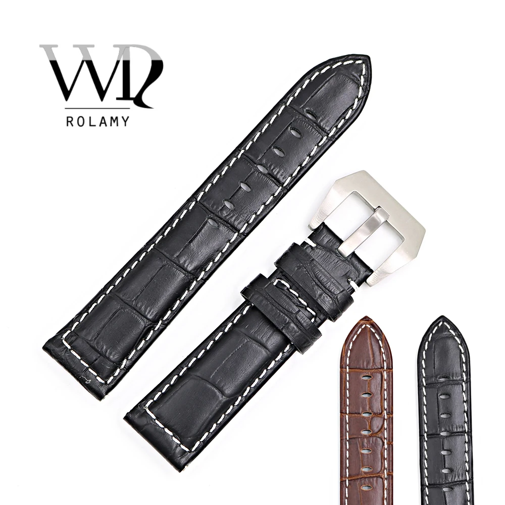 

Rolamy 22mm Wholesale New Genuine Leather Black Brown Crocodile Grain Strap Wrist Watch Band Belt Pin Buckle free shipping