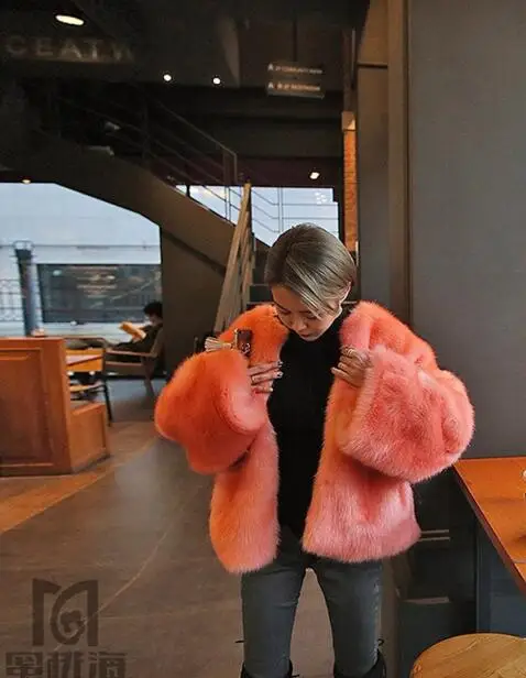 Stylish O neck Long Hairy Shaggy Faux Fox Fur Short Jackets Winter Woman Loose sleeve Loose Faux Fur Coat Outerwear Orange