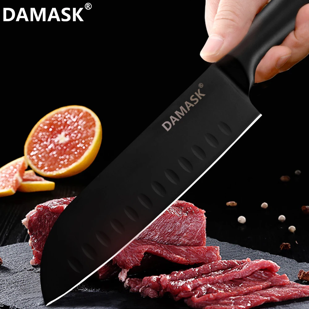 DAMASK черный кухонный нож ножи из нержавеющей стали японский Santoku утилита шеф