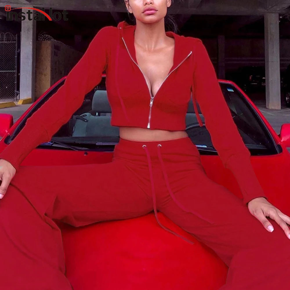 

InstaHot Red Zip Up Hoodies Long Sleeve And Drawstring Flare Pants Plain Set Women Autumn Two Piece Set Casual Solid Sweartshirt