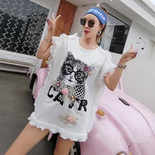 Новинка года; сезон весна-лето; женская одежда в стиле хип-хоп с милым рисунком кота и кота; Повседневная Свободная длинная футболка