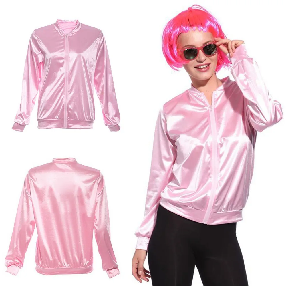 

New Fashion Pink Lady Retro Coat Jacket Womens Fancy Long Sleeve Grease Costume Cheerleader Satin 50's Frenchie Rizzo