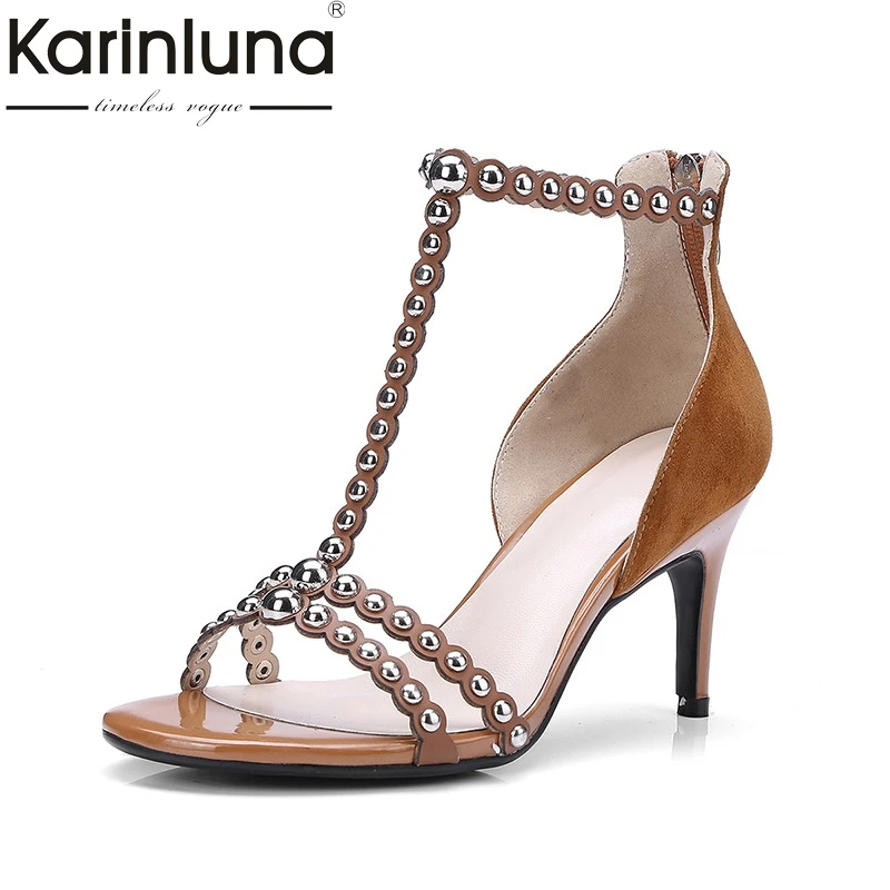 

KarinLuna Kid Suede Genuine Leather Rivet Decoration Thin High Heels Summer Sandals Zipper T-strap Woman Shoes