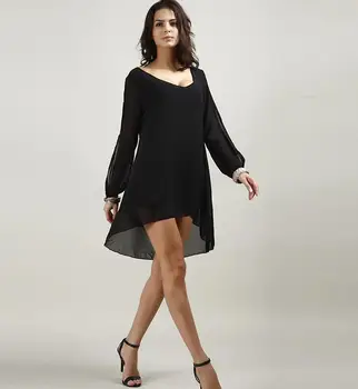 

Loose Asymmetrical Casual Lantern Sleeve Dress Women Vogue New Vogue mini-v-neck Chiffon A-line Dress Women Fashion Black