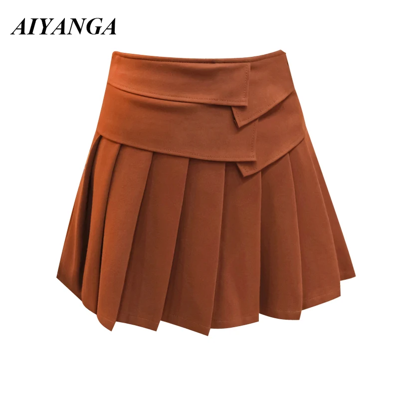 AIYANGA, осенне-зимние юбки для женщин, плиссированная юбка с высокой талией, мини юбки, женская мода, тонкая короткая юбка, однотонная черная