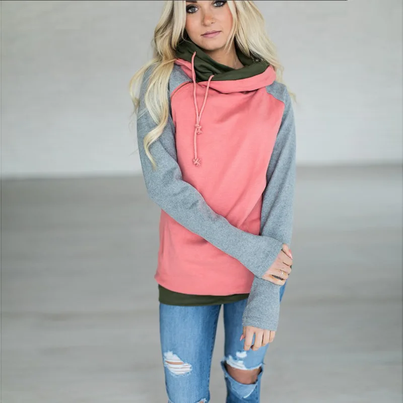  New Autumn Winter Casual Women Patchwork Striped Pullover Warm Long Sleeve Hoody Tops With Pockets 