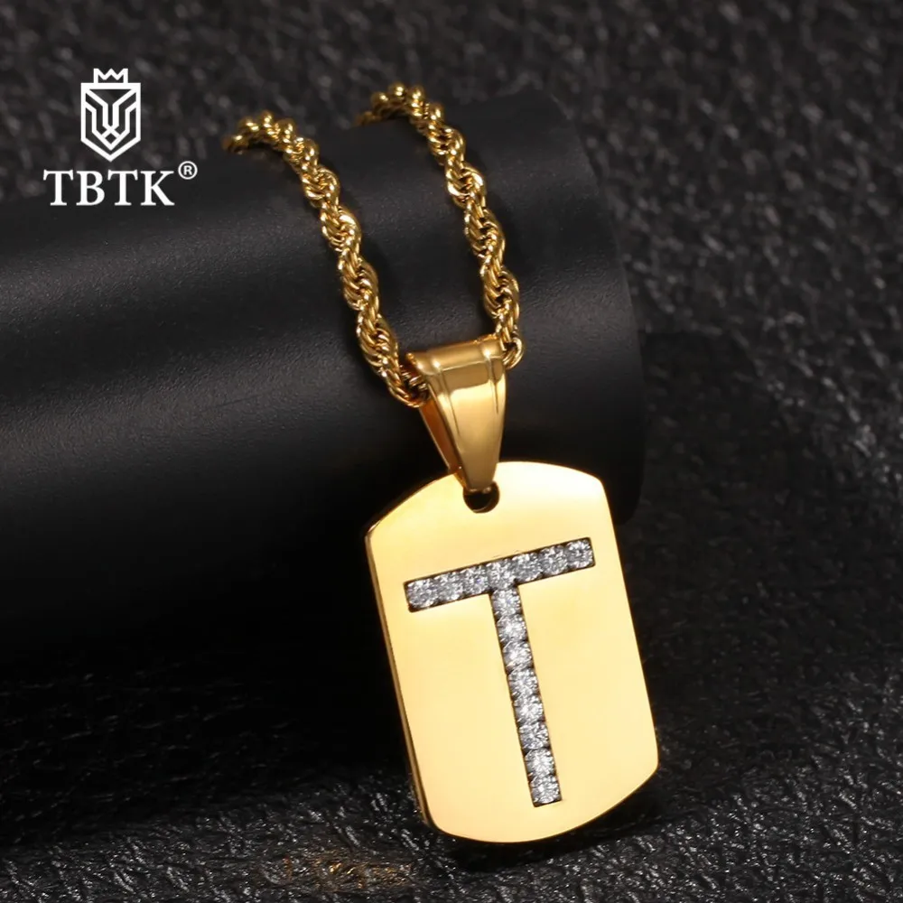 TBTK Gold Square Military Card Stainless Steel 26 Intial Letters Pendant Necklace Crystal Luxury Charm Jewelry Unisex Dog Tag | Украшения и