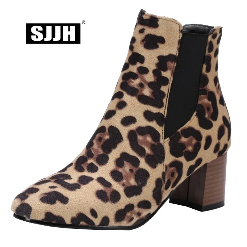 SJJH Women Leopard Ankle Martin Boots with Square Toe Chunky Flock Elastic Band Plush Boots Fashion Casual Shoes Large Size Q584