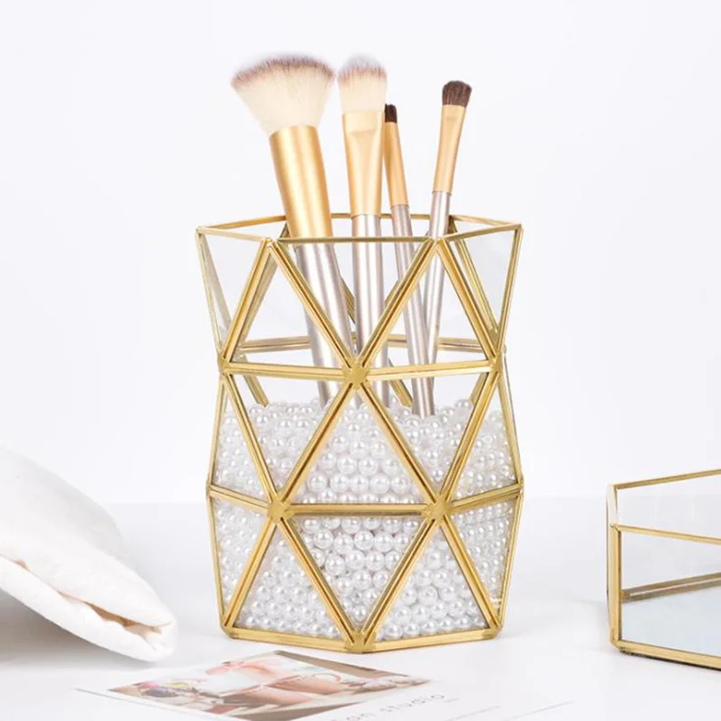 

Nordic Sytle Gold Pen Holder Brass + Glass Geometric Multi-function Desk Storage Makeup Box Stationary Accessory Organizer