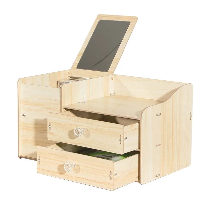 

Wood Desk Sets Cosmetic Containing Box with Drawers Mirror Tabletop Arrangement Storage Box