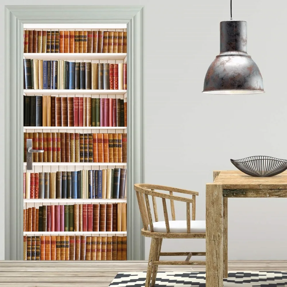 

3D books shelf Door Wall Stickers Bedroom Home Decor Poster PVC Waterproof Door Sticker 77x200cm
