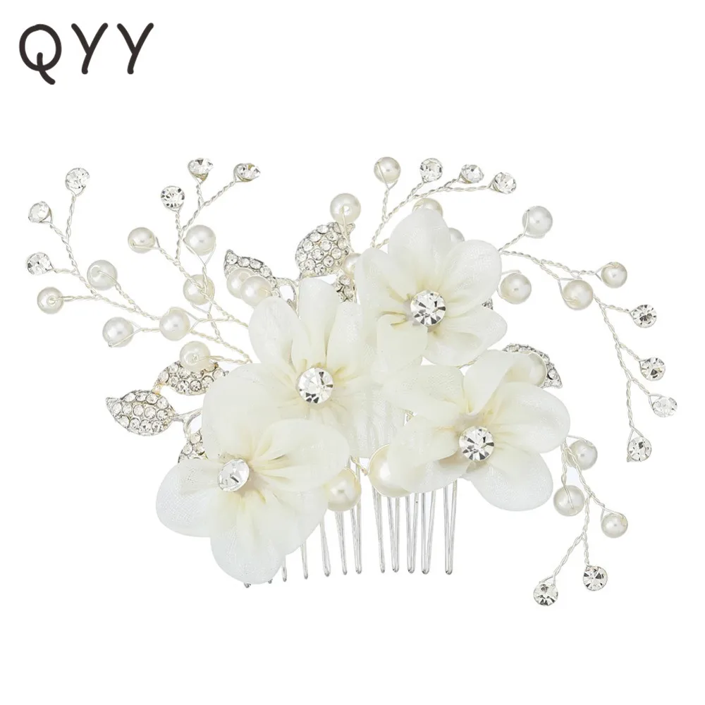 

QYY Ivory White Gauze Wedding Hair Combs Head Flower Fashion Crystal Bridal Hair Ornaments Jewelry Accessories Women Hairpieces