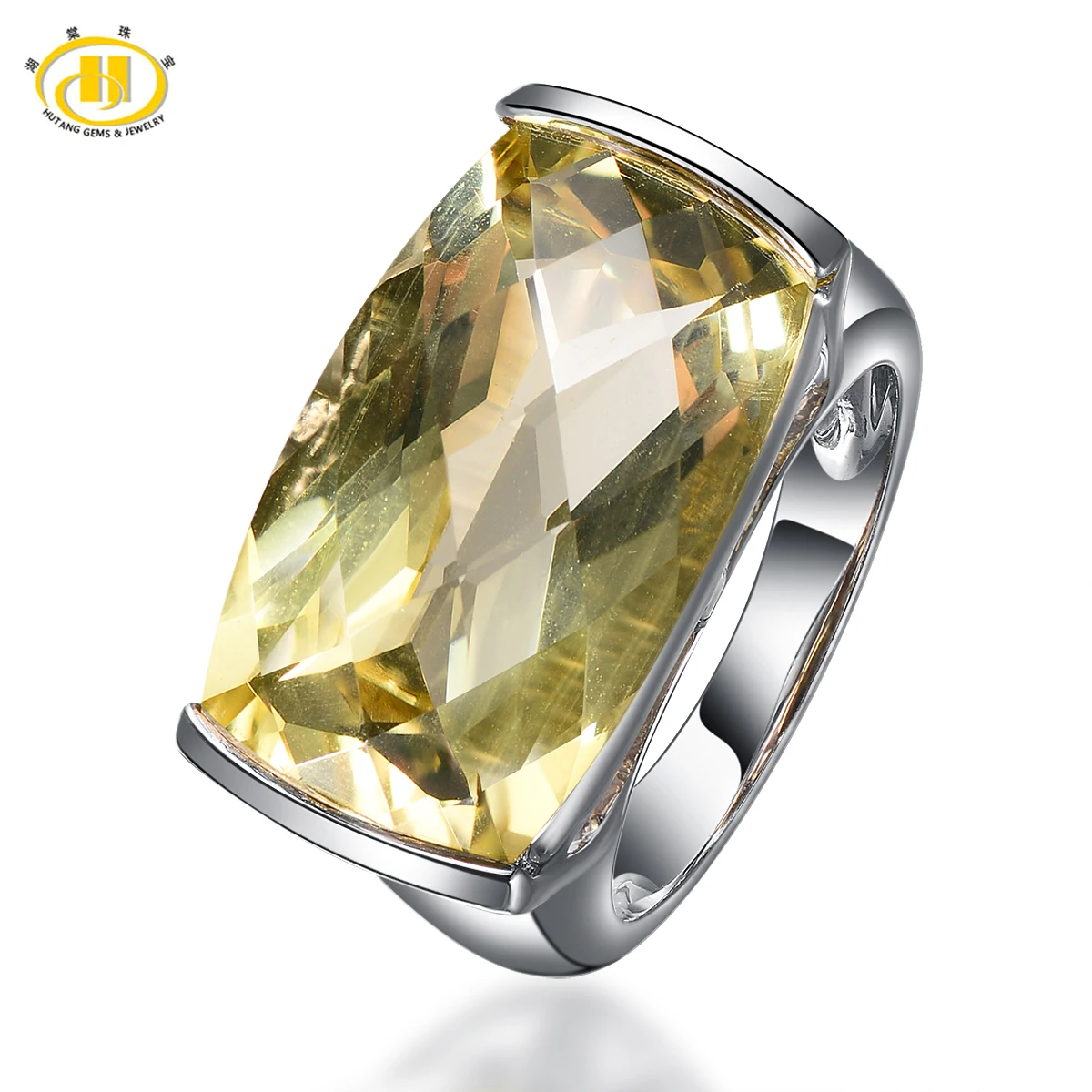 

Hutang Huge Natural Lemon Quartz Facet Solid 925 Sterling Silver Solitarie Ring For Women's Gemstone Fine Jewelry Wedding Rings