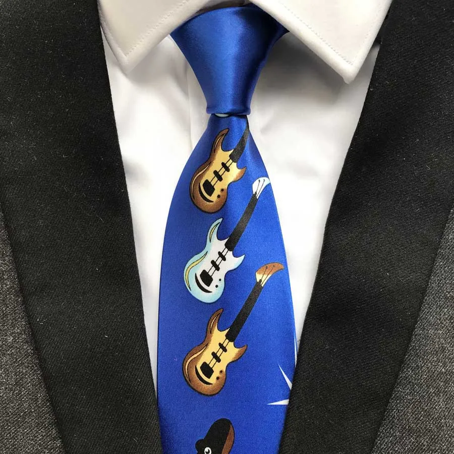 

9cm Unique Designer Men's Musical Necktie Royal Blue with Music Instruments Printed Ties