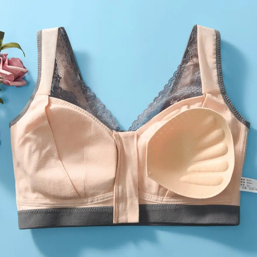 Silicone Breast Forms and Front Zipper Open Mastectomy Bra Artificial Spiral Breast Fake Breast Prosthesis Spong Pad Bra Set D40