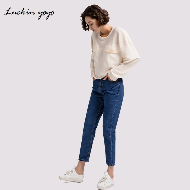 Lukin yoyo Cowboy Women Jeans Pants Casual High Waist Jeans Femme Dark Blue Denim Loose Jeans Pencil Trousers 2018 Mom Jeans
