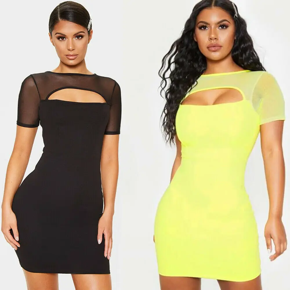 

New Women's Hot Summer Unique Hollow Out Design Solid Mini Dresses Short Sleeve Casual Evening Party Clubwear Mesh Sheath Dress
