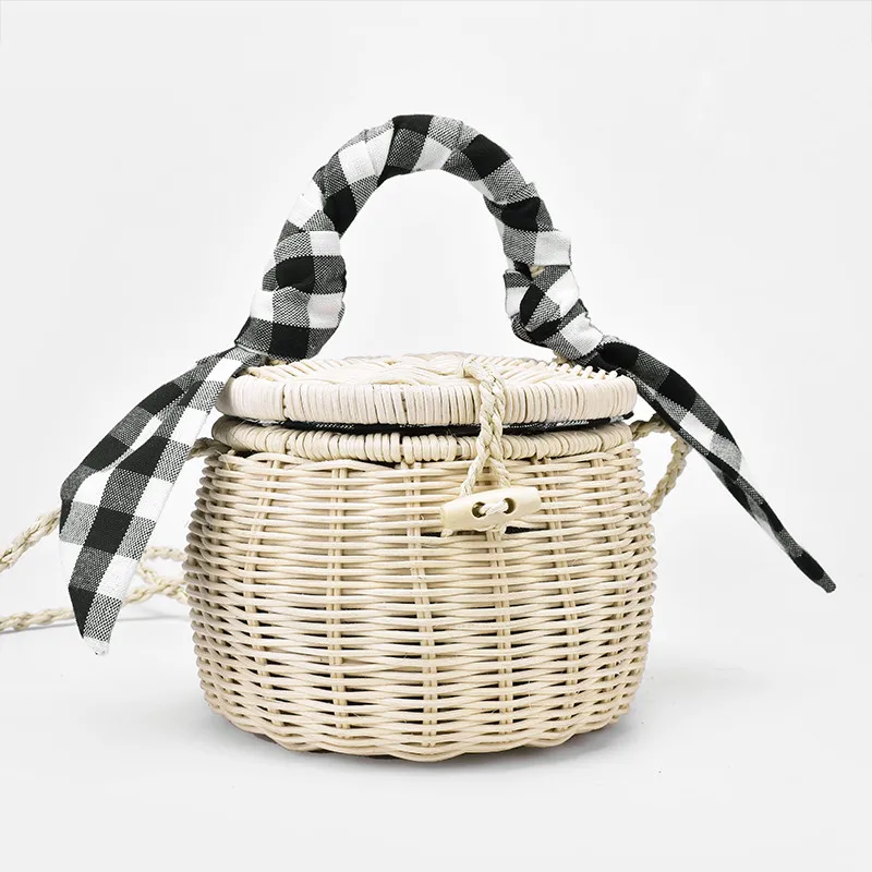 

New Rattan Bag Handbag Lattice Silk Scarf Portable Straw Bag Cylinder Small Jar Beach Bag Drop Shipping A4