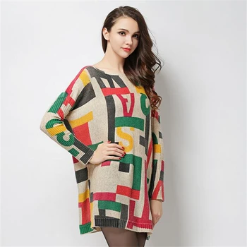 

Spring fall Women sweater Oversized Loose Knitted Pullover large size women fat MM Geometric patterns printed wool sweater