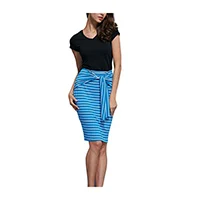 Офисная Женская юбка в стиле пэчворк, карандаш, на шнуровке, до колен, для улицы, Клубные, вечерние, летние, хлопковые, в полоску - Цвет: Синий