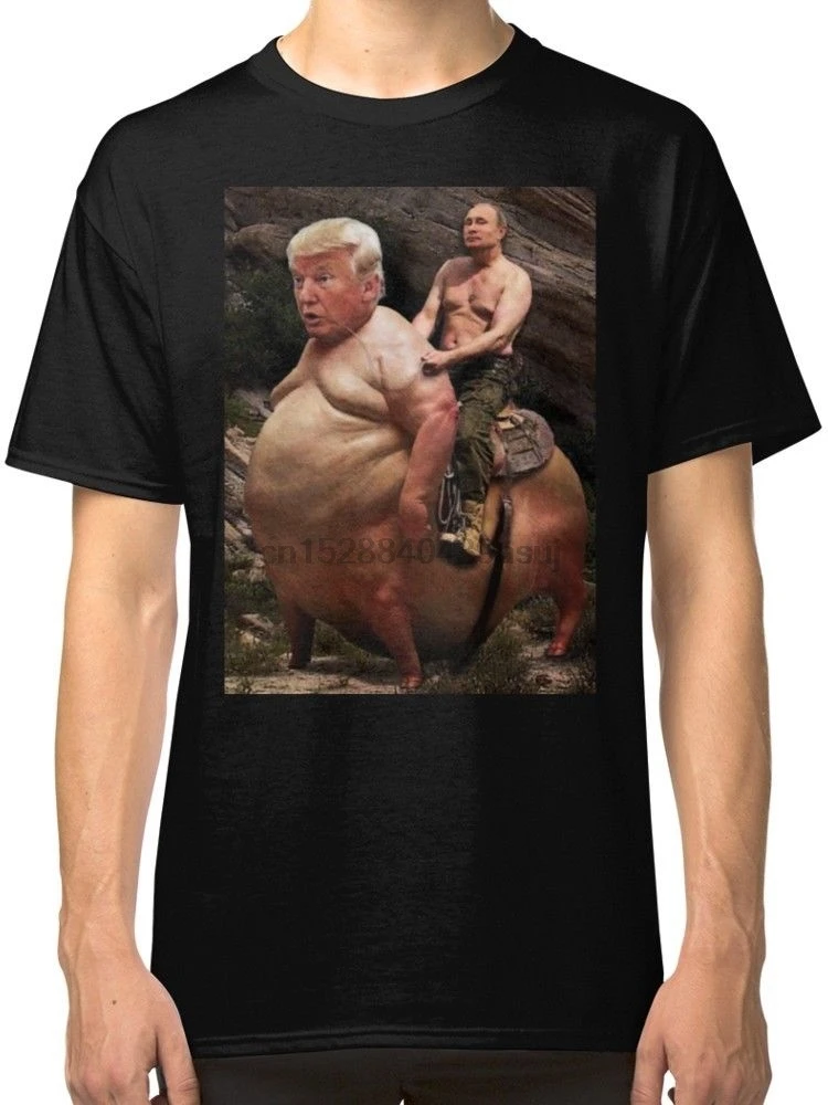 

Putin riding Trump Men Black T-Shirt Tees Clothing