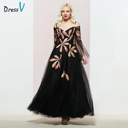 Dressv Черный Аппликация вечернее платье Линия Элегантный с длинными рукавами длиной до пола Свадебная вечеринка торжественное платье