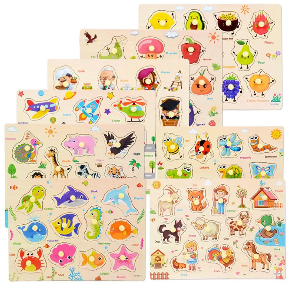 

2019 Hand Grab Board Puzzle Wooden Toys For Child Cartoon Animal Fruit Wood Jigsaw Kids Baby Early Educational Learning Toy