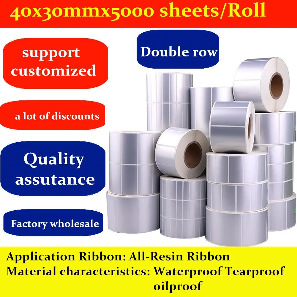 

label sticker waterproof tear-proof oil-proof 40x30mmx5000 sheets/Roll silver PET label paper tags accept custom For Label Print
