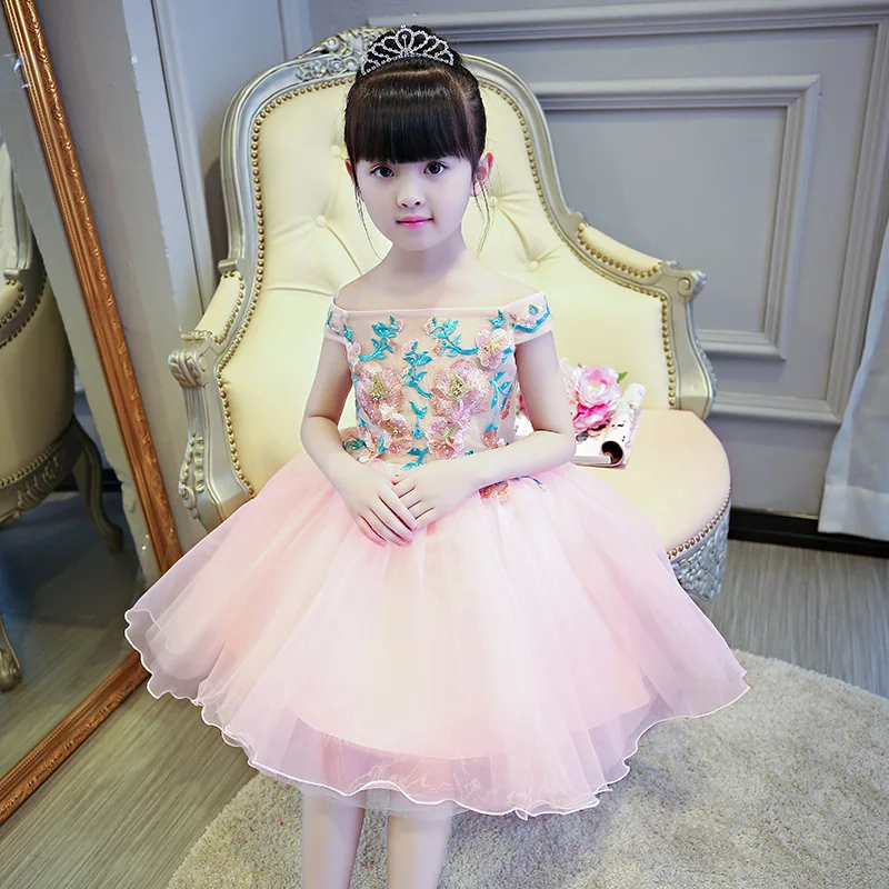 

Embroidery Princess Dress Off the Shoulder Flower Girl Dresses for Wedding Ball Gown Tulle Kids Pageant Dress for Birthday K38