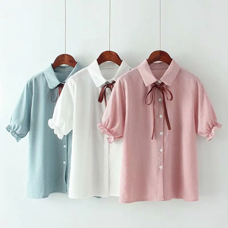 

Japanese school uniform mori girls summer Japanese style short sleeve turndown collar blue white pink striped bowknot blouse