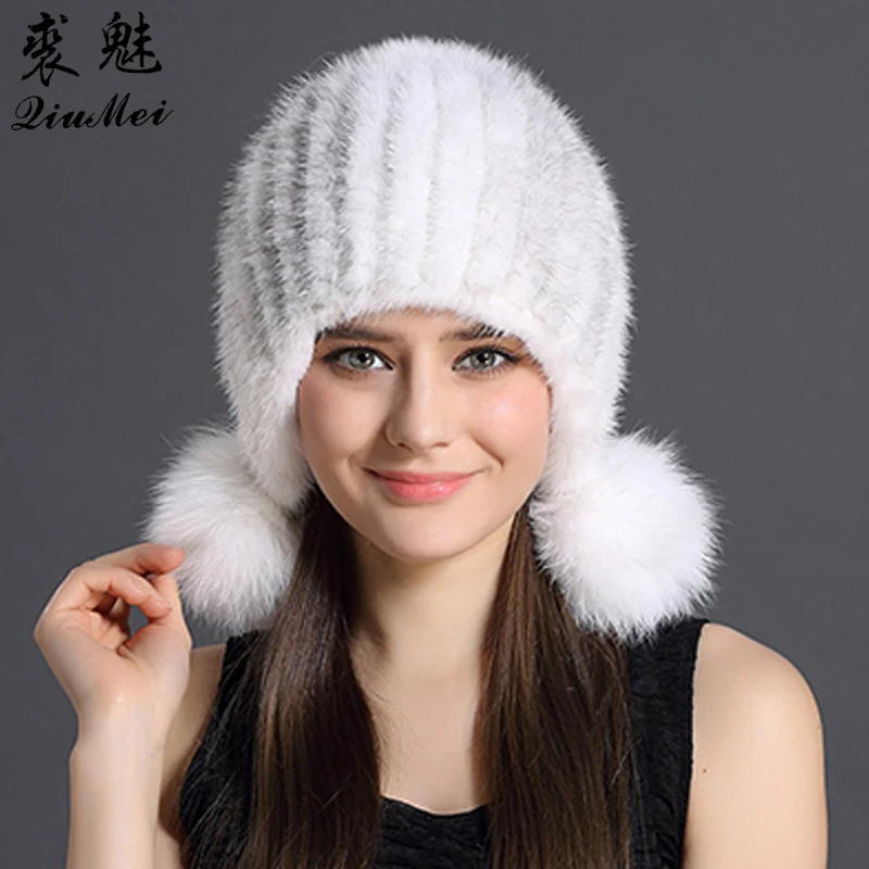 Goedkoop Echte Nerts Bont Hoed Vrouwen Winter Hoeden Breien Beschermd Oor En Hoofd Cap Met Schattige Pompoms Russische Vrouwelijke Mutsen Dikke mink Hoeden