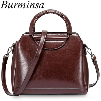 

Burminsa Vintage Shell Women Genuine Leather Handbags Metal Handle Female Tote Bags Ladies Shoulder Messenger Bags Autumn 2020