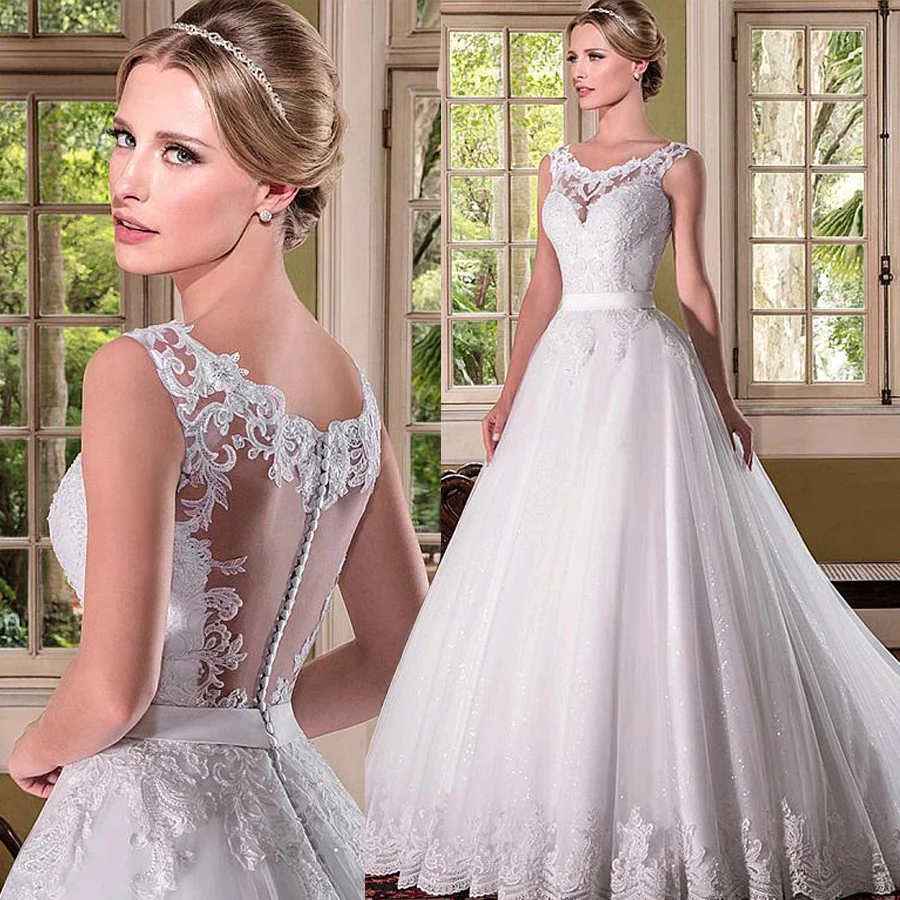 

Romantic Tulle Scoop Neckline A-line Wedding Dresses With Beaded Lace Applqiques Bridal Dress vestido de noiva com manga