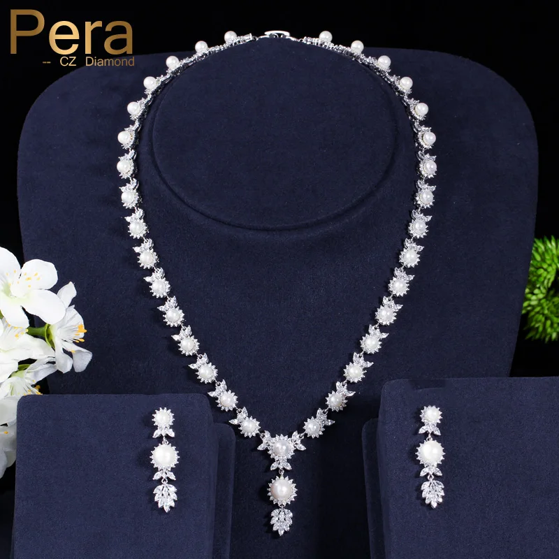 

Pera Trendy Silver Color Imitation Pearl Drop Earrings And Round CZ Crystal Necklace Women Wedding Jewelry Sets For Brides J145